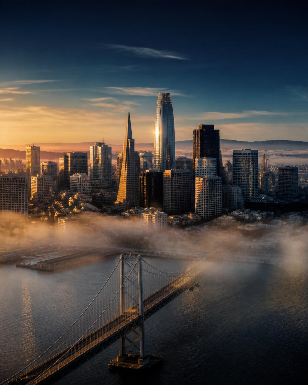 San Francisco skyline at golden hour with the Bay Bridge and downtown towers